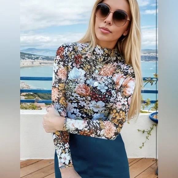 Black Sheer Lace Floral Mock Neck Mesh, Long Sleeve Floral Top - Picture 3 of 5